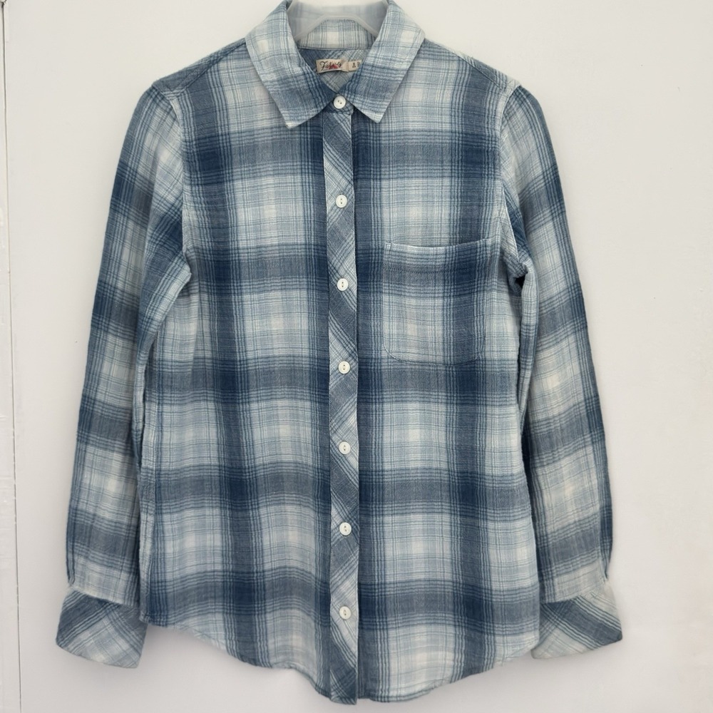 FAHERTY Shirt Womens XS Blue Plaid Organic Cotton Gauze Soft Boho Western Casual